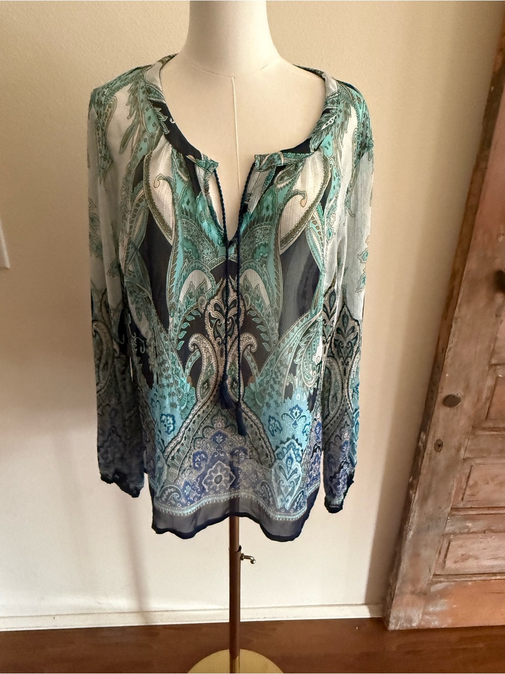 Rose & Olive Teal and Navy Paisley Sheer Peasant Blouse